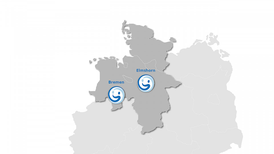 Standortkarte zeigt die Einrichtungen von Atemzeit Nord an: Bremen und Elmshorn